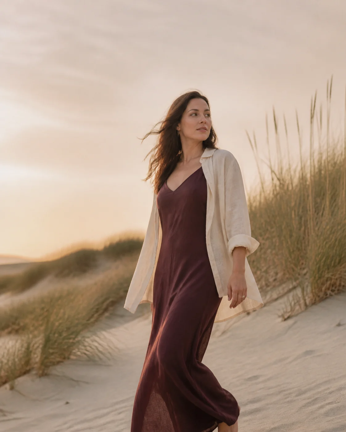 Une femme en robe prune marche dans les dunes à la lumière dorée